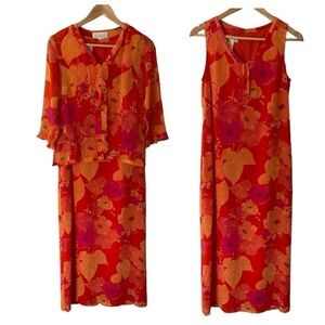 Vtg Susan Bristol 100% Silk Dress Set Sz Small Tropical Floral Orange Maxi EUC